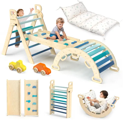 Miniatura 13 de BlueWood Conjunto de Triángulo Pikler con Cojín, Juguetes de Escalada 8 en 1 para Niños Pequeños, Gimnasio de Juegos de Filosofía Montessori