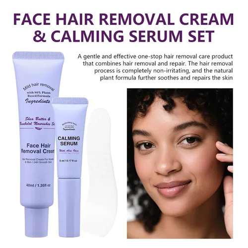Miniatura 4 de Crema depilatoria facial para mujeres, kit de cremas depilatorias faciales suaves con raspado, suero calmante, crema removedor de vello corporal