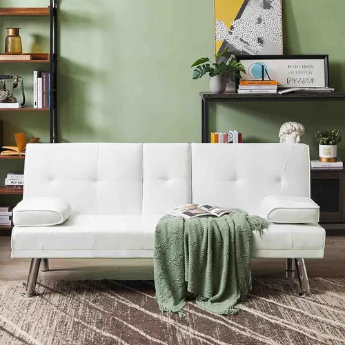 Sofá cama futón de terciopelo con 2 portavasos y reposabrazos extraíbles, moderno sofá cama convertible con patas de metal, sofá biplaza tapizado,