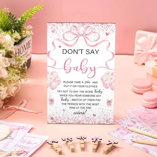 Miniatura 2 de Patelai Juego de 321 decoraciones de baby shower de lazo rosa 5 juegos incluyen cinta rosa Baby Shower Bingo Word Scramble Descripción El precio
