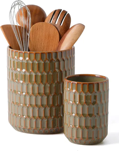 Miniatura 10 de Portautensilios, 7.3"+5.4" Portautensilios de Cerámica para Cocina para Encimera, Recipiente Grande para Utensilios de Cocina para Encimera de Beige
