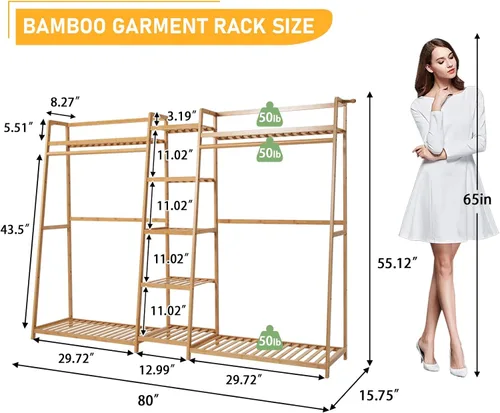 Miniatura 2 de Baveke Estante de bambú para ropa de 9 niveles, estante para colgar ropa, organizador de armario portátil con estante superior, estantes de Natural