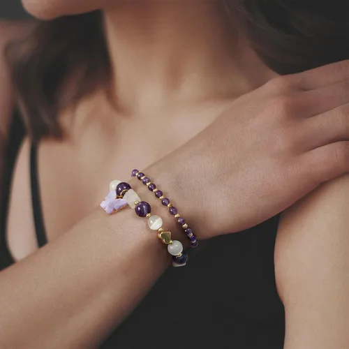 Miniatura 2 de GolbalJew Pulsera de amatista para mujer, pulseras de cuentas de amatista para la ansiedad, dijes de mariposa, piedra curativa en capas, regalos