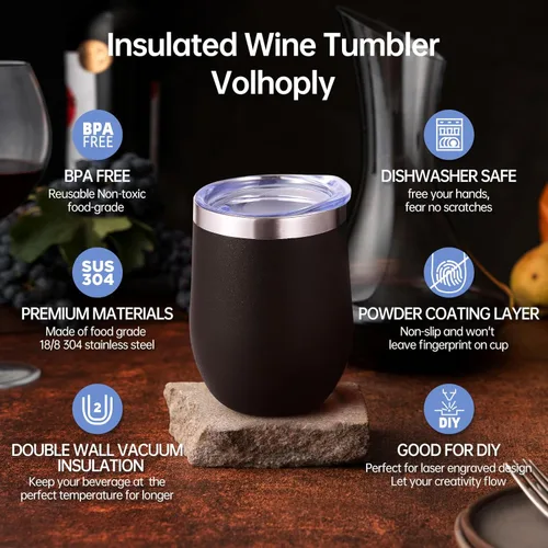 Miniatura 3 de Volhoply Vaso de vino de acero inoxidable de 12 onzas con tapa y pajita, copas de vino sin tallo con aislamiento al vacío de doble pared, taza