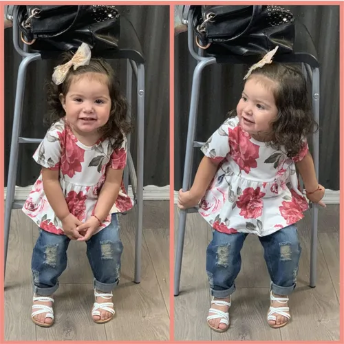 Miniatura 4 de Derouetkia Conjunto de ropa para niñas pequeñas con volantes florales y pantalones de mezclilla rasgados