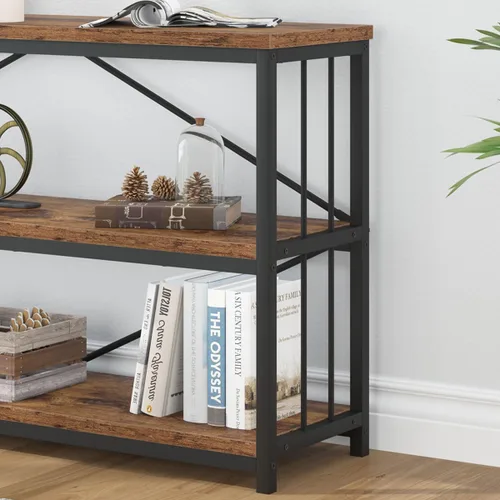 Miniatura 6 de IBF - Librero bajo rústico de 3 niveles, estantería industrial horizontal de madera, estantería larga y ancha de estilo granja de metal, estantería