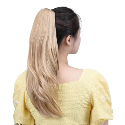 Miniatura 5 de Extensiones de cabello sintético con clip rubio, cola de caballo, 18 pulgadas, lacio, 4.2 onzas, postizos, para mujer, Yaki esponjoso, enredado