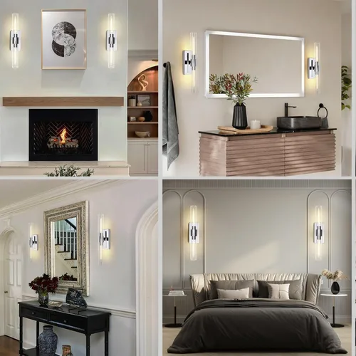 Miniatura 3 de Accesorios de iluminación de tocador de baño, juego de 2 apliques de pared de tubo de vidrio, base de color níquel, luces de pared para baño