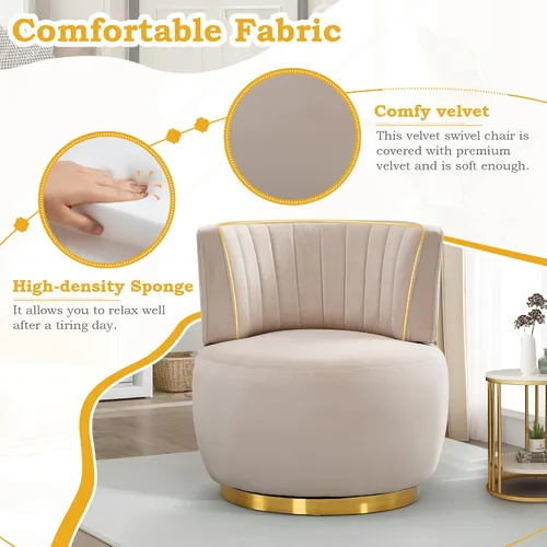 Miniatura 8 de SLEERWAY Silla giratoria de 360°, moderna silla decorativa redonda de terciopelo, cómoda silla pequeña tapizada con base de metal dorado para sala