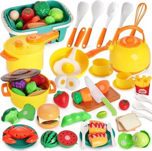 LovesTown Juego de Comida de Juguete de 59 Piezas para Niños Pequeños, Ollas y Sartenes de Juguete Amarillas para Niños con Cesta, Juguetes de