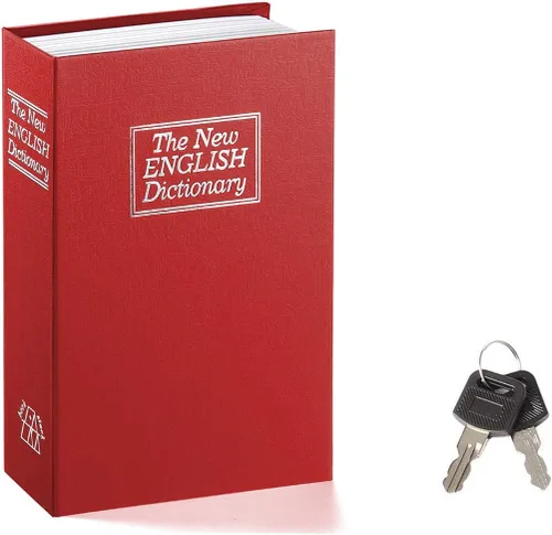 Jssmst Caja fuerte de libro con cerradura de llave, Caja fuerte de diversión de diccionario, Libro oculto secreto, Caja de metal con cerradura Rojo