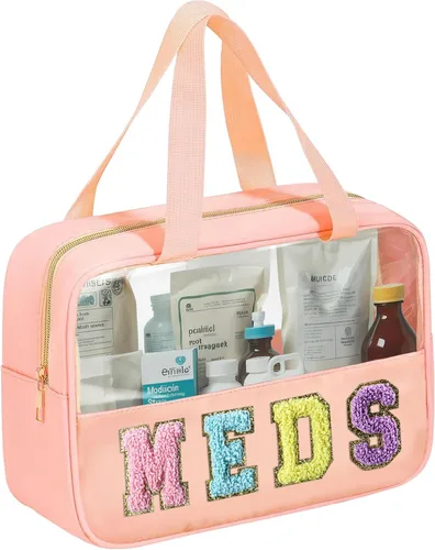 Miniatura 7 de BuyCard Bolsas de Viaje Transparentes con Parche de Letra de Chenilla, Bolsa de Maquillaje Preppy de PVC y Nylon con Asa y Cremallera, Bolsa