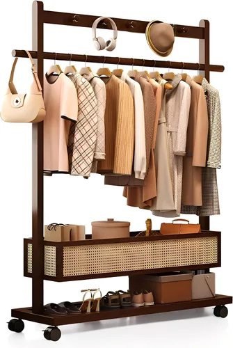 Miniatura 8 de Perchero con estantes, resistente con cesta de almacenamiento, estantes de ropa rodantes de bambú para espacios pequeños, dormitorio, entrada
