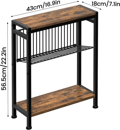 Miniatura 3 de Mesa auxiliar pequeña para espacios pequeños, mesa auxiliar estrecha de 3 niveles con soporte para revistas, mesita de noche delgada, mesa de Marrón