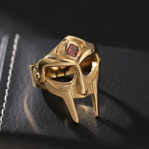 Miniatura 3 de DOOM - Anillo de máscara para hombre, estilo gladiador, anillo de acero inoxidable de titanio dorado rubí