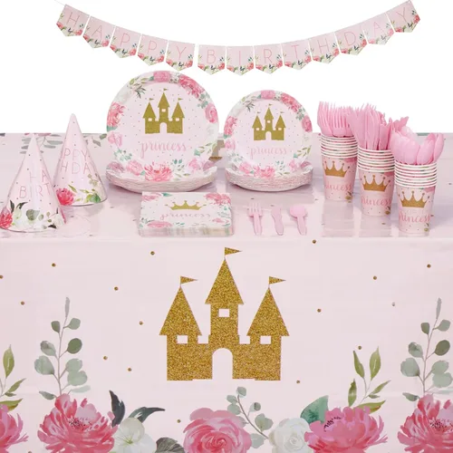 BLUE PANDA Kit de decoración de princesa para fiesta de cumpleaños, 194 piezas, diseño floral rosa y castillo dorado, platos y servilletas, tazas y