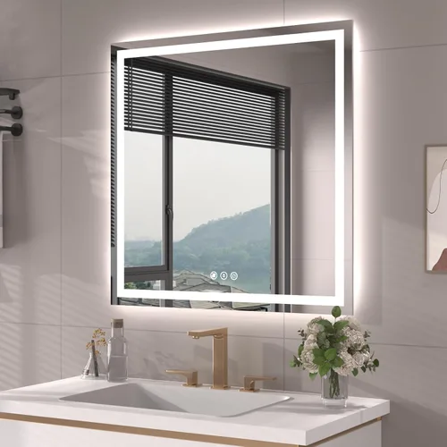 Miniatura 15 de Snowdool Espejo LED de baño, 32 x 32 pulgadas con luz frontal y retroiluminada, antivaho, espejo de tocador de baño para pared, función de memoria