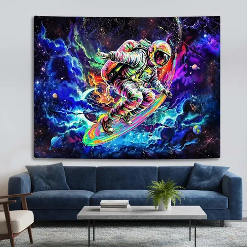 Miniatura 2 de kampdream Tapiz de astronauta de surf espacial, colgante de pared de arte cósmico y galaxia planetaria, póster de decoración genial