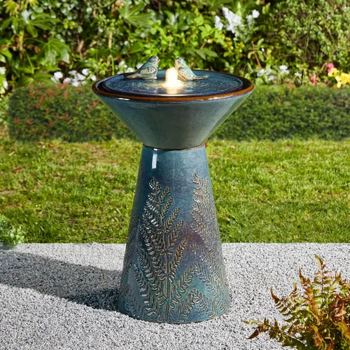 Miniatura 8 de Glitzhome Fuente de agua de cerámica para jardín de 14.75 pulgadas de alto con luces LED y bomba, dos pájaros en relieve con patrón de hojas