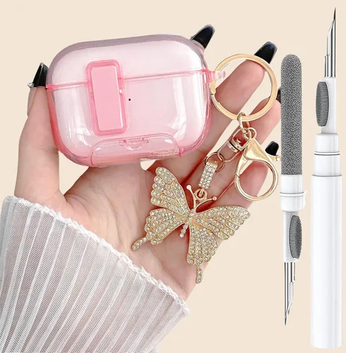 Miniatura 10 de Bonita funda rosa para Airpods de 4 generación con cerradura y llavero de mariposa brillante para mujeres femeninas, funda rígida transparente única