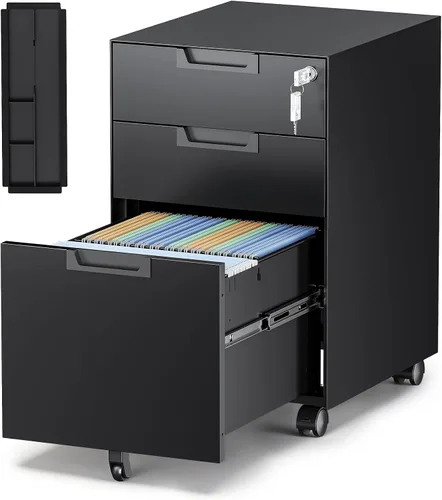 Miniatura 28 de Archivador de metal con 2 cajones con cerradura, gabinete archivador con soporte para impresora móvil y estantes para archivos de tamaño Negro