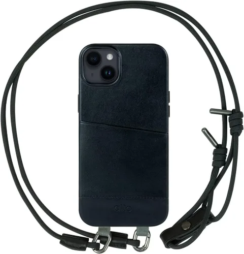 alto Anello - Funda cruzada compatible con iPhone 15 Plus y 14 Plus, serie Anello, a prueba de golpes, de piel italiana, con cordón (6.7 pulgadas,