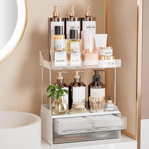 Miniatura 10 de Delamu Organizadores y Almacenamiento de Baño, Organizador de Maquillaje de 2 Niveles 2 Cajones para Encimera, Fácil de Instalar, Ideal para Blanco