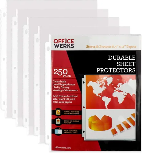 Office Werks - Protectores de 250 hojas, protectores de páginas transparentes de 8.5 x 11 pulgadas para carpeta de 3 anillas, protectores de