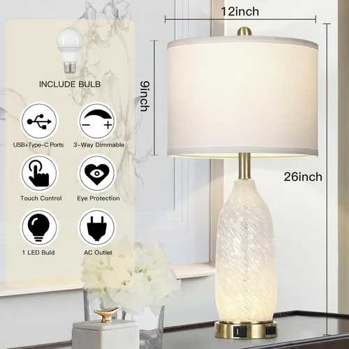 Miniatura 2 de Rinweey 26" Modern Clear Glass Table Lamp Nightstand Lamp with USB A+C Ports & AC Outlet,Bedside Lamps with 3-Way Dimmable Touch Control Night Light