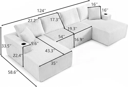 Miniatura 2 de Sofá cama modular de 124 pulgadas, sofá de nube sin hueso para sala de estar, sofá de 5 asientos en forma de U con 2 bolsillos de almacenamiento y 2