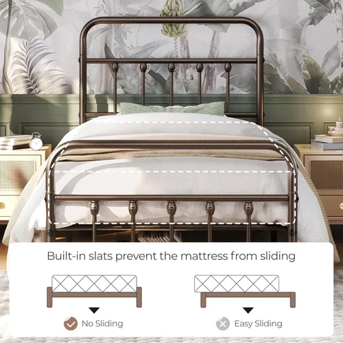Miniatura 4 de Yaheetech Base de cama clásica de metal con base de colchón con estilo victoriano, cabecera, estribo, almacenamiento debajo de la cama, no necesita