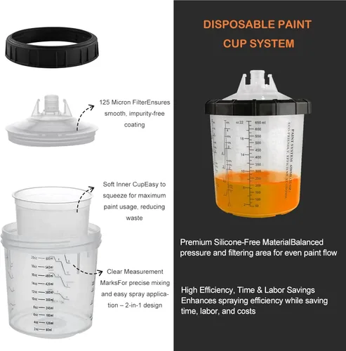 Miniatura 5 de El kit de pistola de pulverización de aire HVLP incluye 10 vasos de pintura desechables de 22.0 fl oz con boquillas de 1.4/1.7/0.079 in. La pistola