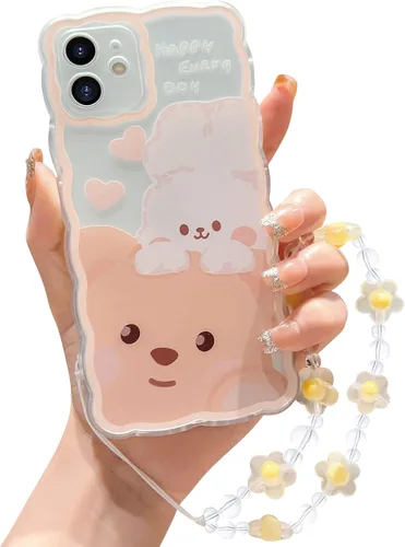 Compatible con iPhone 11 Funda Lindo Dibujos Animados Pequeño Oso Conejo con Lindo Diseño de Cadena para Mujeres Niñas Estético Kawaii Funda Delgada
