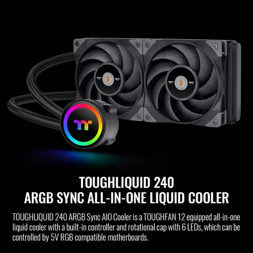 Miniatura 2 de Thermaltake TOUGHLIQUID 240 ARGB - Enfriador líquido de CPU todo en uno, AMD (AM5/AM4)/Intel (LGA 1700/1200), radiador de alta eficiencia de 9.449