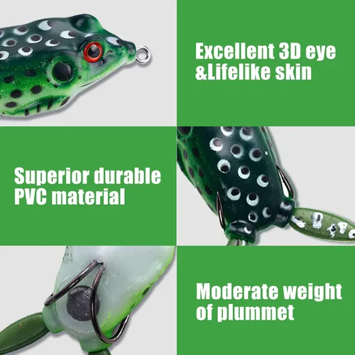 Miniatura 5 de Señuelo de rana suave realista sin hierbas, señuelo de pesca de rana superior para lubina, ganchos dobles realistas para señuelos de pesca