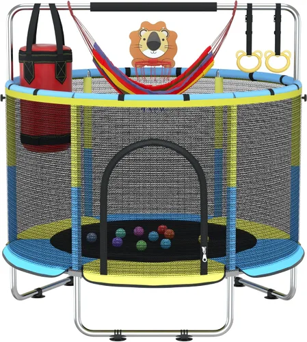 Miniatura 10 de Cama elástica para niños con malla de encierro, cama elástica mini para interiores y exteriores con barra de gimnasia ajustable, aro de baloncesto
