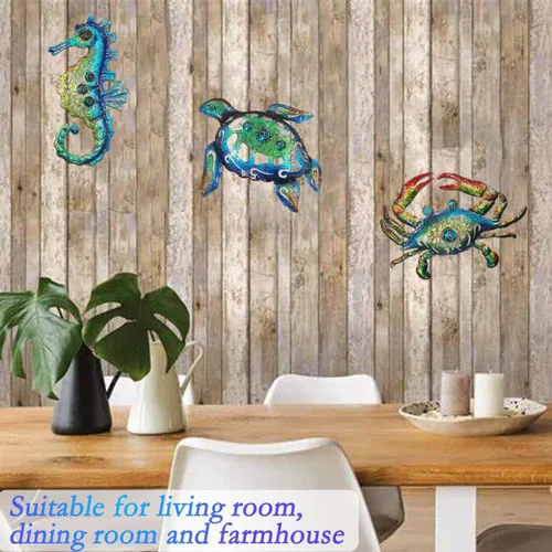 Miniatura 3 de Weibefee Arte de pared de metal con temática de playa de caballito de mar de tortugas marinas y cangrejo para decoración del día de la madre