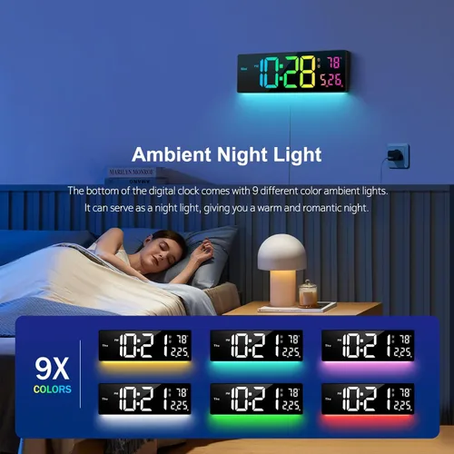 Miniatura 3 de Reloj de pared digital de 16 pulgadas, relojes de pared con 11 colores RGB, reloj despertador con luces nocturnas, reloj digital grande para sala
