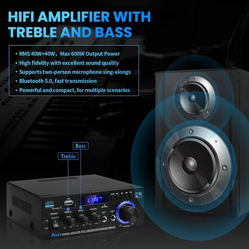 Miniatura 6 de Receptores de amplificador de audio Bluetooth 5.0-AK45 HiFi Stereo Mini Amplificador de Potencia RMS 40W x 2 Máx. 600W 2.0 Canal Componentes