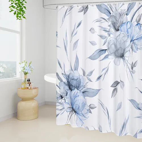 Miniatura 2 de Litabel Cortina de ducha bohemia con estampado floral de acuarela azul y gris, estilo de pintura de tinta, cortinas de ducha de flores y hojas