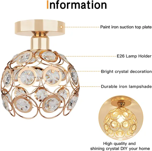 Miniatura 9 de Lámpara de techo de mini araña dorada, lámpara de techo de cristal, luces de pasillo de montaje semiempotrado, pequeñas cubiertas de lámpara