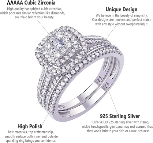 Miniatura 4 de Newshe Jewellery Anillos de compromiso para mujer, juego de anillos de boda AAAAA con circonita cúbica 925, banda redonda, 1.6 quilates, tamaño 5-12