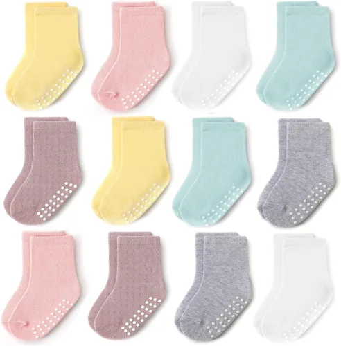 Miniatura 15 de JAKIDAR Paquete de 12 calcetines de algodón con agarre antideslizante para niños y niñas