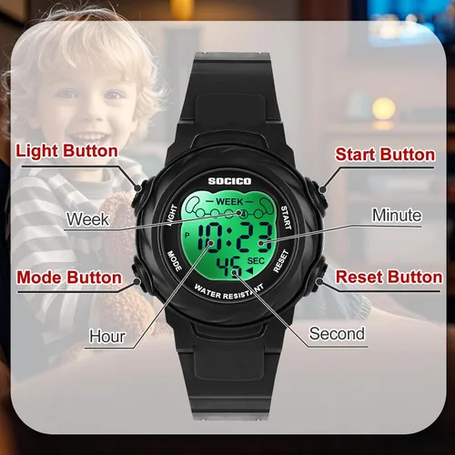 Miniatura 4 de SOCICO Relojes digitales para niños y niñas, 7 luces de color impermeables, reloj deportivo para exteriores con cronómetro, alarma, fecha, gran