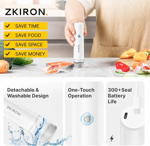 Miniatura 4 de ZKIRON Sellador al vacío compacto para alimentos: potente máquina selladora al vacío de mano con 12 bolsas de vacío reutilizables, 5 veces