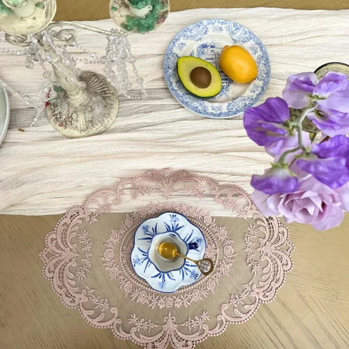 Miniatura 5 de Paquete de 2 manteles individuales de encaje estilo francés retro bordados de moda para jarrón de 12 x 16 pulgadas (pasta de frijoles en polvo)