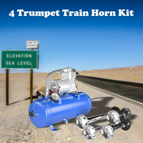Miniatura 9 de Kit de bocina de aire de tren de 150 DB, kit de 4 bocinas de tren ruidosas para compresor de aire de 150 PSI 12V 1.59 galones para camiones, Azul