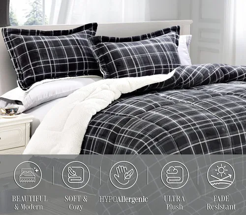 Miniatura 2 de Elegant Comfort Edredón Sherpa suave y afelpado, colección Lilith a cuadros, juego de cama de 2 piezas, microfibra reversible de plumón alternativo