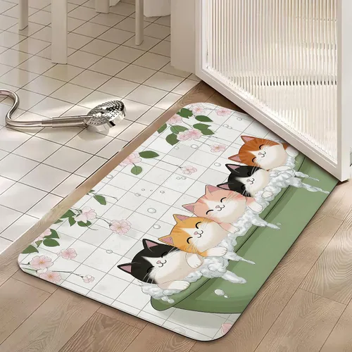 Miniatura 5 de Alfombras de baño de diatomáceas, bonita decoración de baño de gatos, alfombra de baño antideslizante con flores rosadas, de secado rápido, fácil