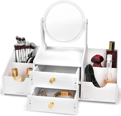 Organizador de maquillaje de madera, organizadores de maquillaje de encimera con espejo, cajones, organizador de cosméticos para cepillos, cuidado